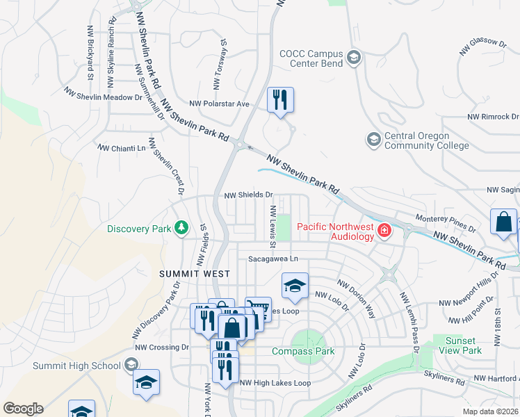 map of restaurants, bars, coffee shops, grocery stores, and more near 1695 Northwest John Fremont Street in Bend