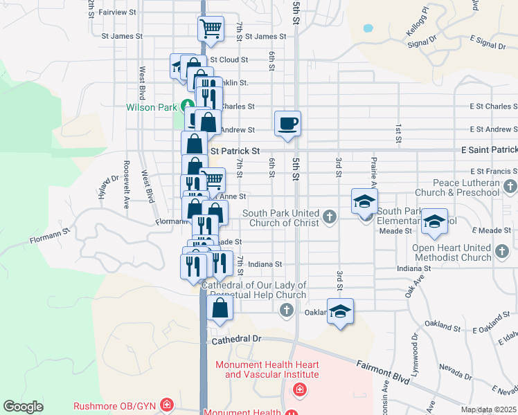 map of restaurants, bars, coffee shops, grocery stores, and more near 640 Flormann Street in Rapid City