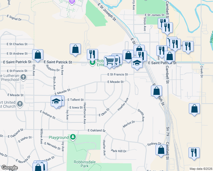 map of restaurants, bars, coffee shops, grocery stores, and more near 900 East Meade Street in Rapid City
