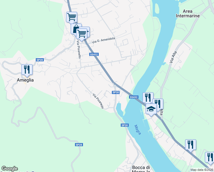 map of restaurants, bars, coffee shops, grocery stores, and more near Strada Provinciale 30 in Ameglia