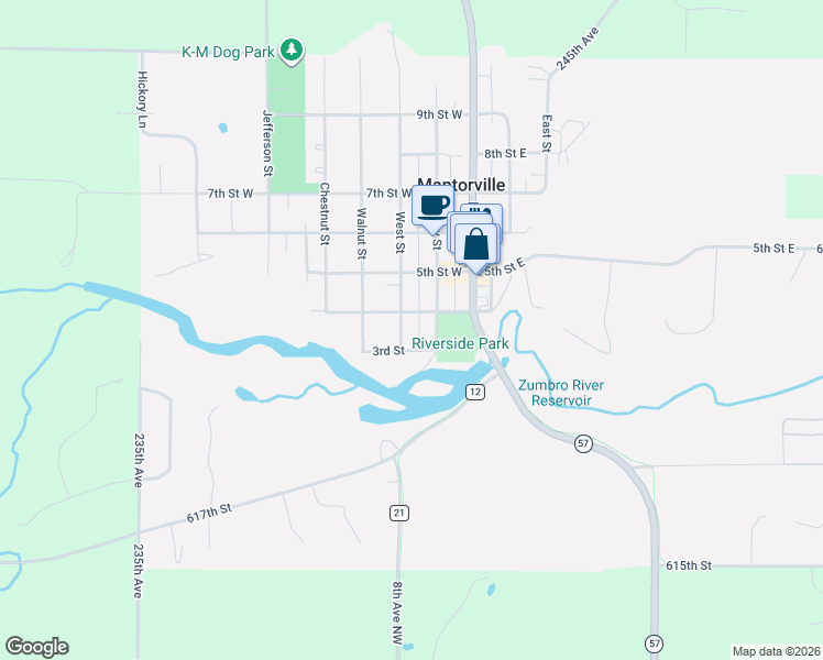 map of restaurants, bars, coffee shops, grocery stores, and more near 321 Clay Street in Mantorville