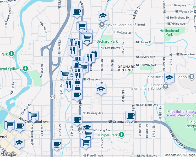 map of restaurants, bars, coffee shops, grocery stores, and more near 450 Northeast Olney Avenue in Bend
