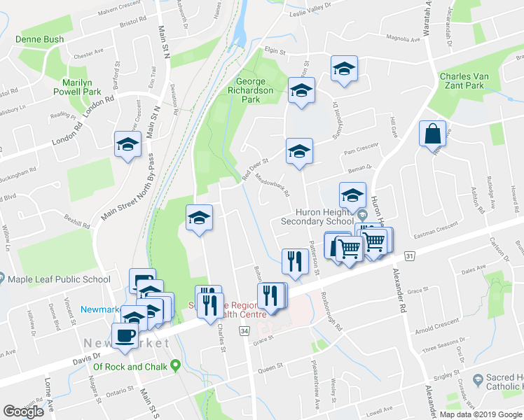 map of restaurants, bars, coffee shops, grocery stores, and more near 110 Woodpark Place in Newmarket