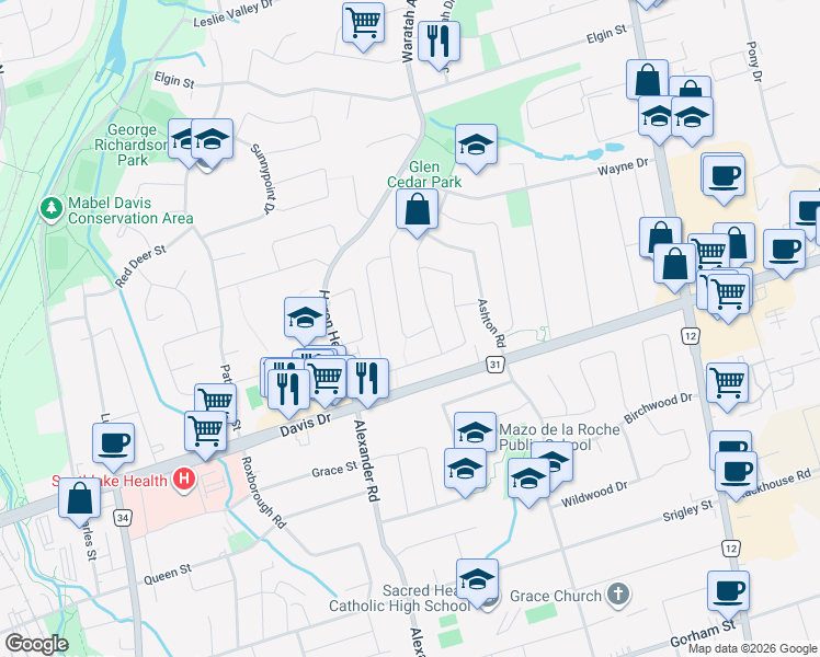 map of restaurants, bars, coffee shops, grocery stores, and more near 47 Lowe Boulevard in Newmarket