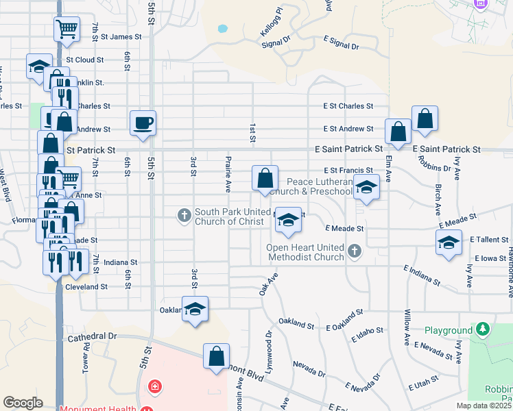 map of restaurants, bars, coffee shops, grocery stores, and more near 103 Saint Anne Street in Rapid City