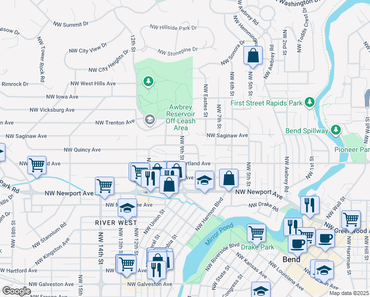 map of restaurants, bars, coffee shops, grocery stores, and more near 1716 Northwest 9th Street in Bend