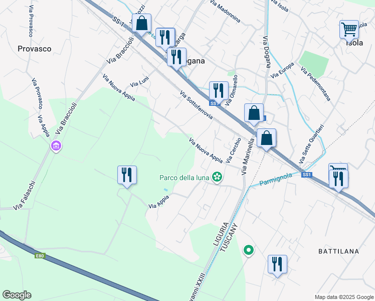 map of restaurants, bars, coffee shops, grocery stores, and more near in Provincia della Spezia