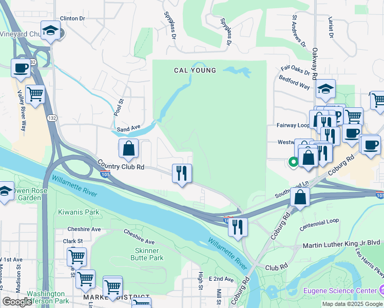 map of restaurants, bars, coffee shops, grocery stores, and more near 255 Country Club Road in Eugene