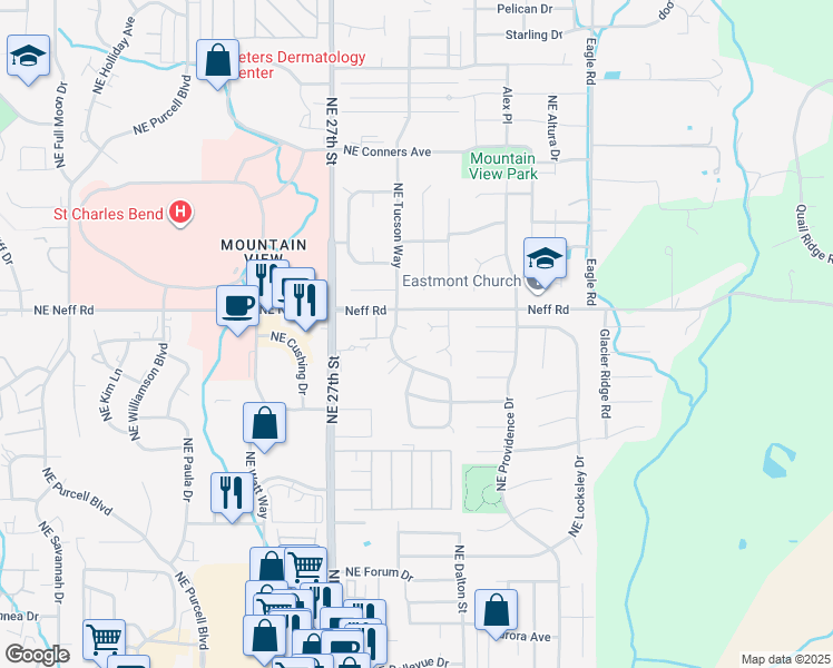 map of restaurants, bars, coffee shops, grocery stores, and more near 2966 Northeast Worthington Court in Bend