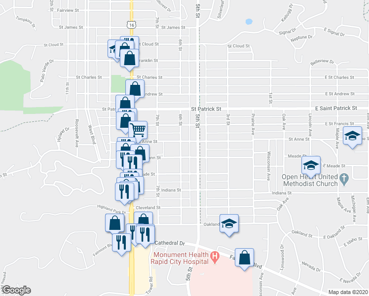 map of restaurants, bars, coffee shops, grocery stores, and more near 640 Flormann Street in Rapid City