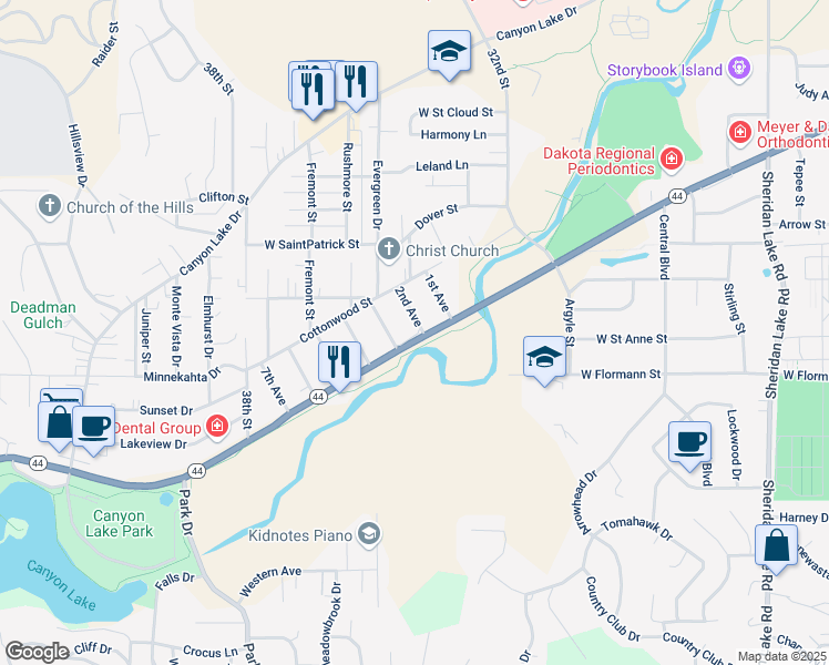 map of restaurants, bars, coffee shops, grocery stores, and more near 2022 3rd Avenue in Rapid City