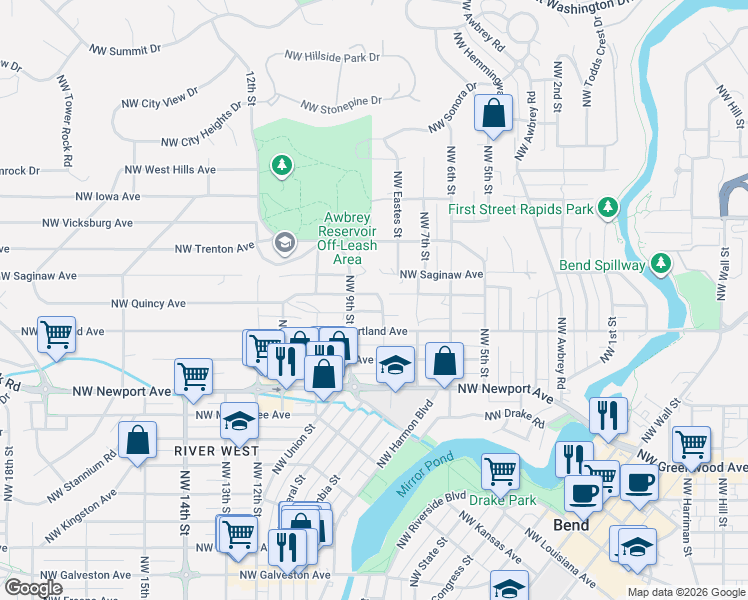 map of restaurants, bars, coffee shops, grocery stores, and more near 1700 Northwest 9th Street in Bend