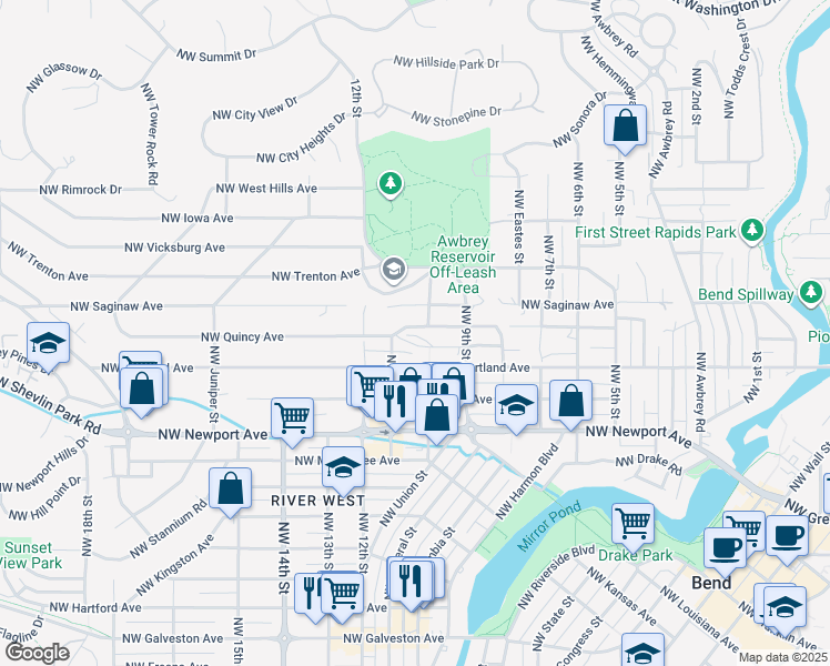 map of restaurants, bars, coffee shops, grocery stores, and more near in Bend