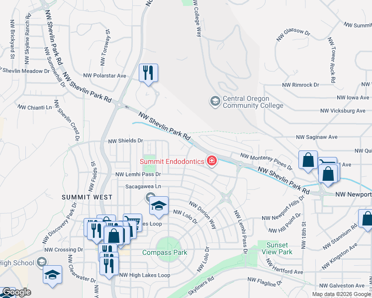 map of restaurants, bars, coffee shops, grocery stores, and more near 2321 Northwest Bens Court in Bend