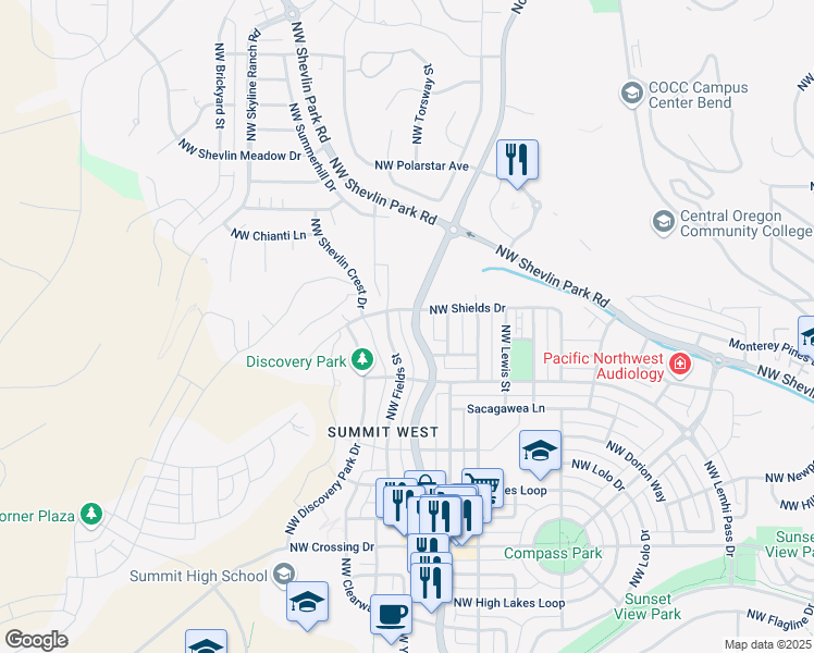 map of restaurants, bars, coffee shops, grocery stores, and more near 1894 Northwest Fields Street in Bend