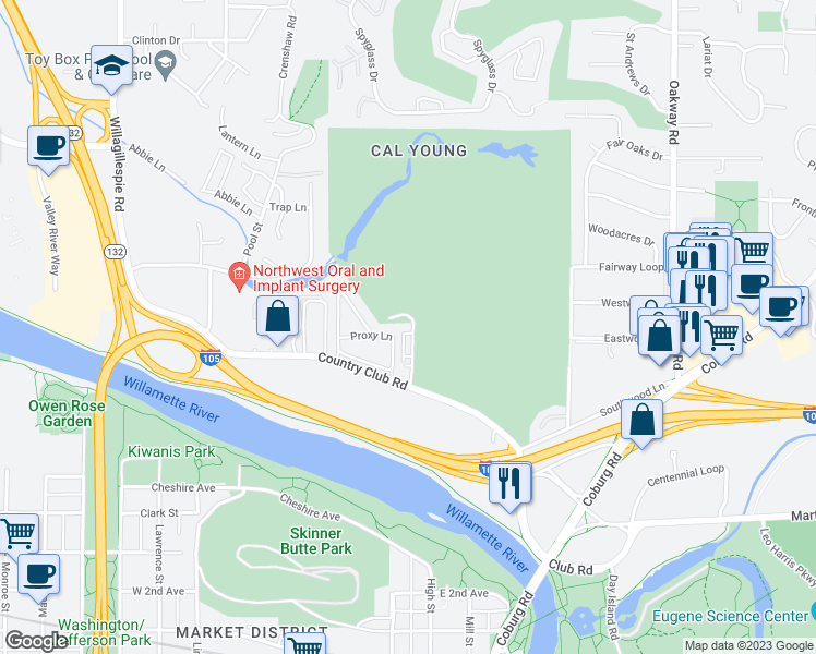 map of restaurants, bars, coffee shops, grocery stores, and more near 255 Country Club Road in Eugene