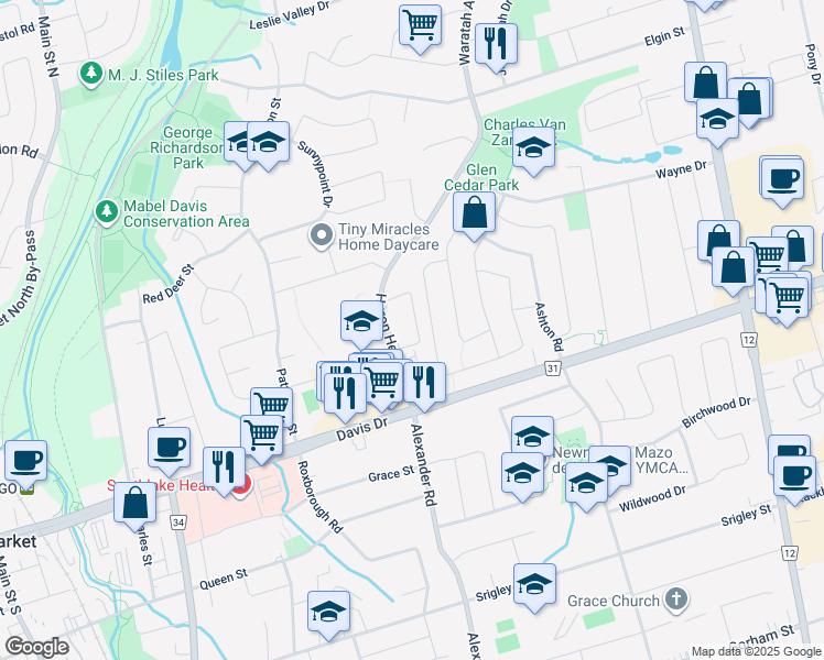 map of restaurants, bars, coffee shops, grocery stores, and more near 124 Eastman Crescent in Newmarket