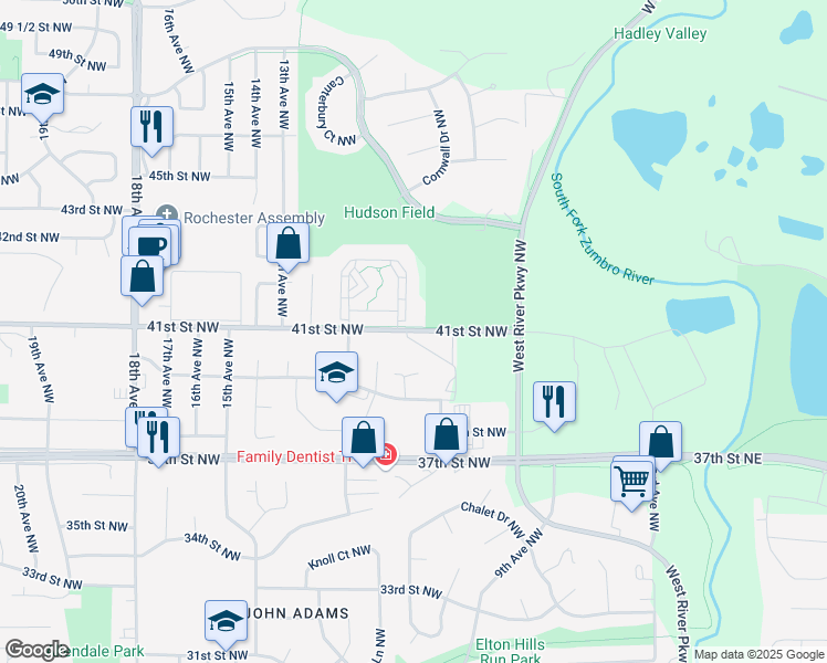 map of restaurants, bars, coffee shops, grocery stores, and more near 911 41st Street Northwest in Rochester