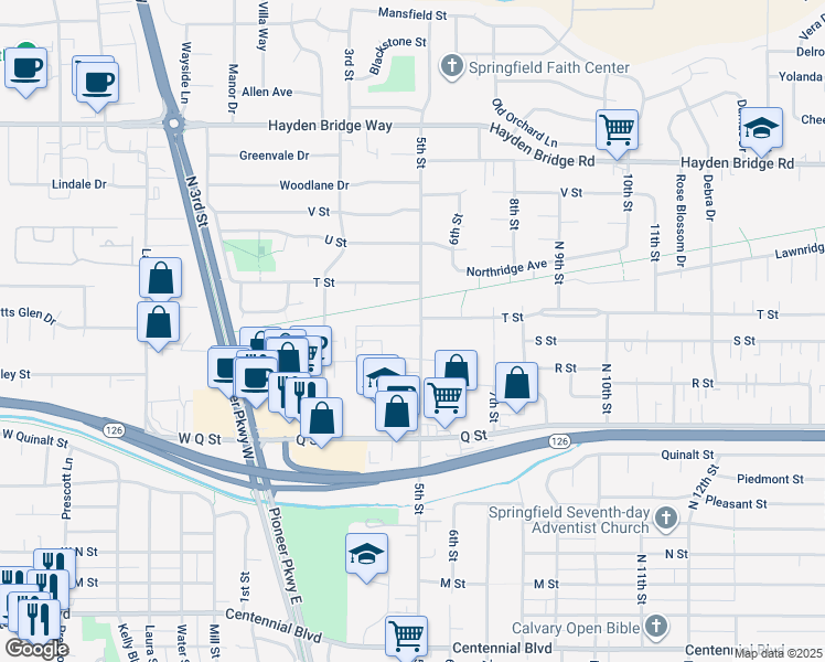 map of restaurants, bars, coffee shops, grocery stores, and more near 495 S Street in Springfield