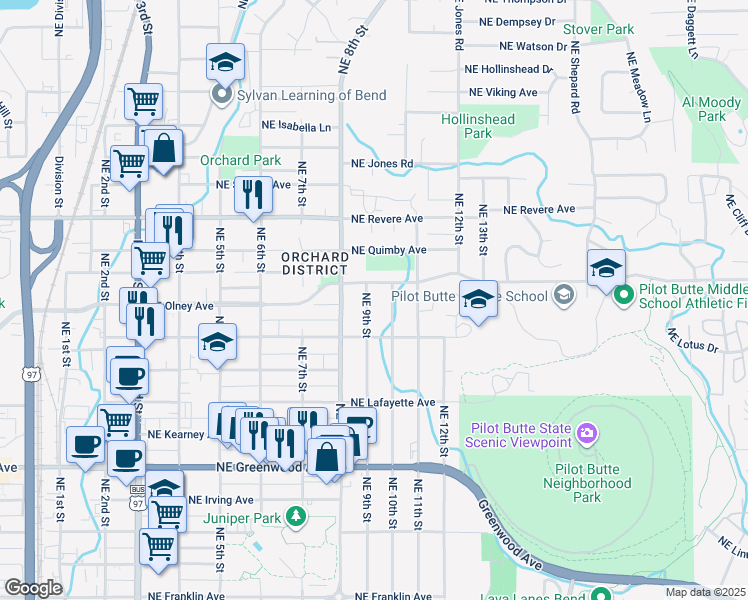 map of restaurants, bars, coffee shops, grocery stores, and more near 1506 Northeast 9th Street in Bend