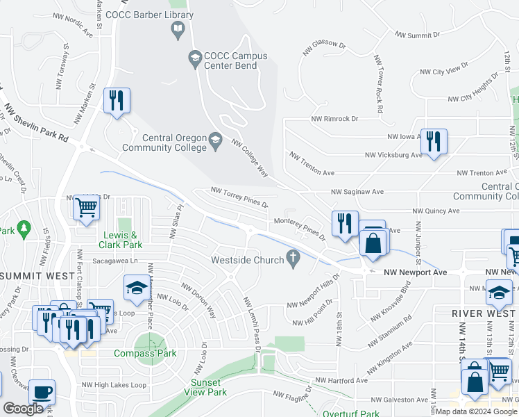 map of restaurants, bars, coffee shops, grocery stores, and more near 2189 Northwest Torrey Pines Drive in Bend