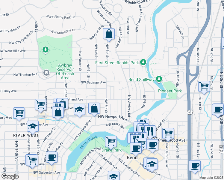map of restaurants, bars, coffee shops, grocery stores, and more near 1684 Northwest 5th Street in Bend