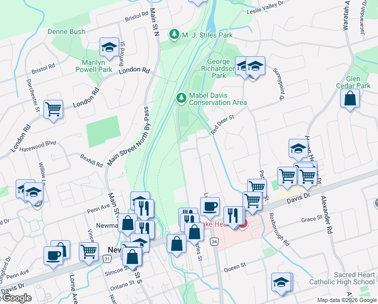 map of restaurants, bars, coffee shops, grocery stores, and more near 560 Heman Street in Newmarket