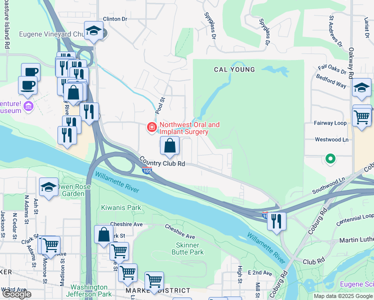 map of restaurants, bars, coffee shops, grocery stores, and more near 601 Country Club Road in Eugene