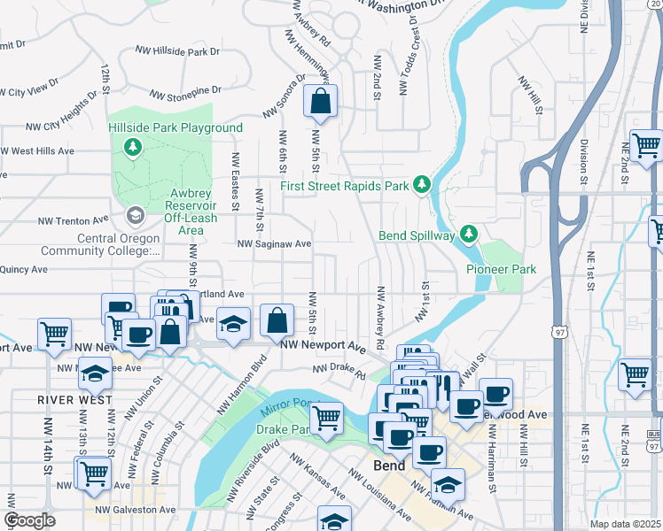 map of restaurants, bars, coffee shops, grocery stores, and more near 1665 Northwest 4th Street in Bend