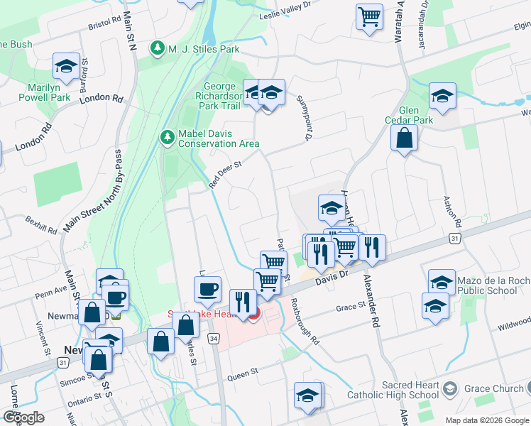 map of restaurants, bars, coffee shops, grocery stores, and more near in Newmarket