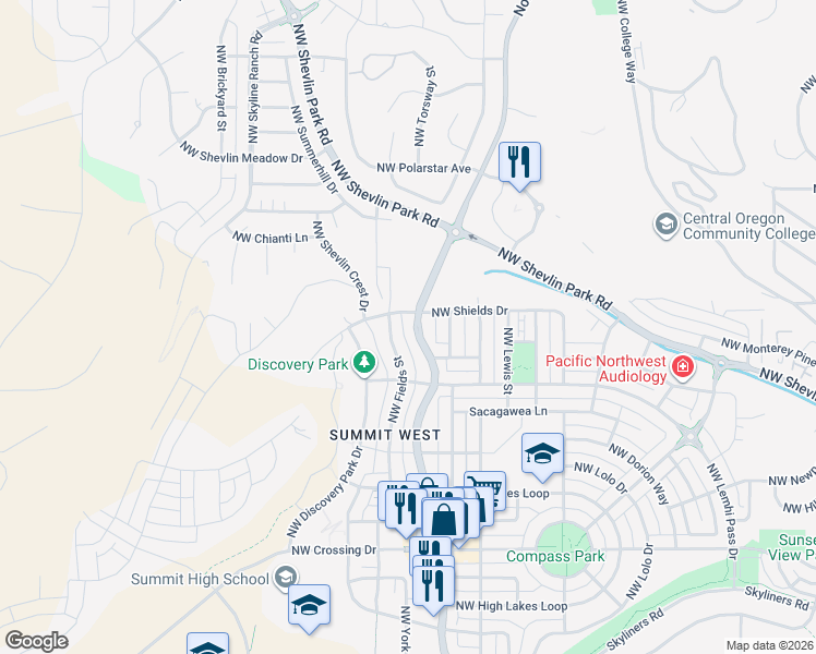map of restaurants, bars, coffee shops, grocery stores, and more near 1657 Northwest Mount Washington Drive in Bend