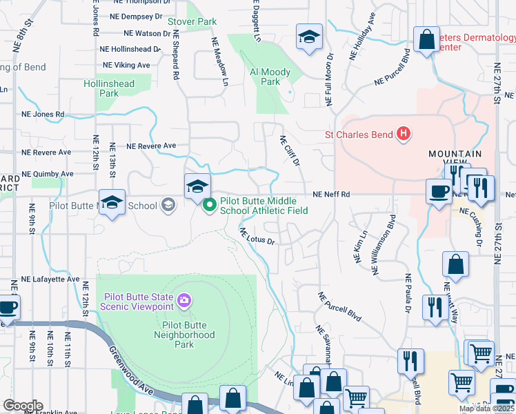 map of restaurants, bars, coffee shops, grocery stores, and more near 1696 Northeast Lotus Drive in Bend