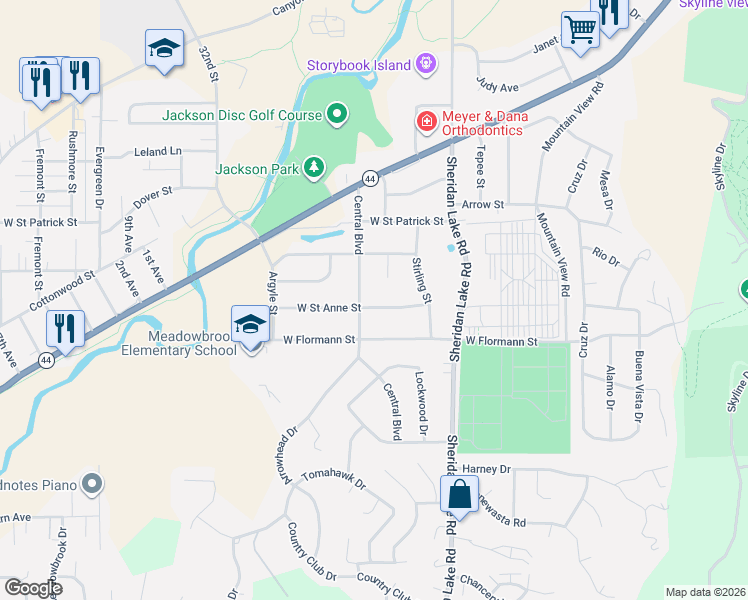 map of restaurants, bars, coffee shops, grocery stores, and more near 2032 Central Boulevard in Rapid City