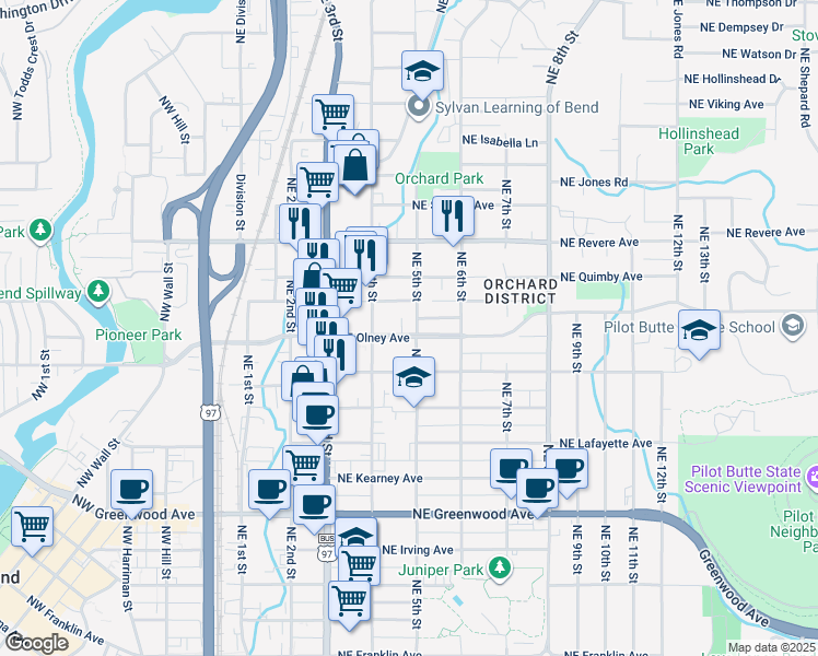 map of restaurants, bars, coffee shops, grocery stores, and more near 1521 Northeast 5th Street in Bend