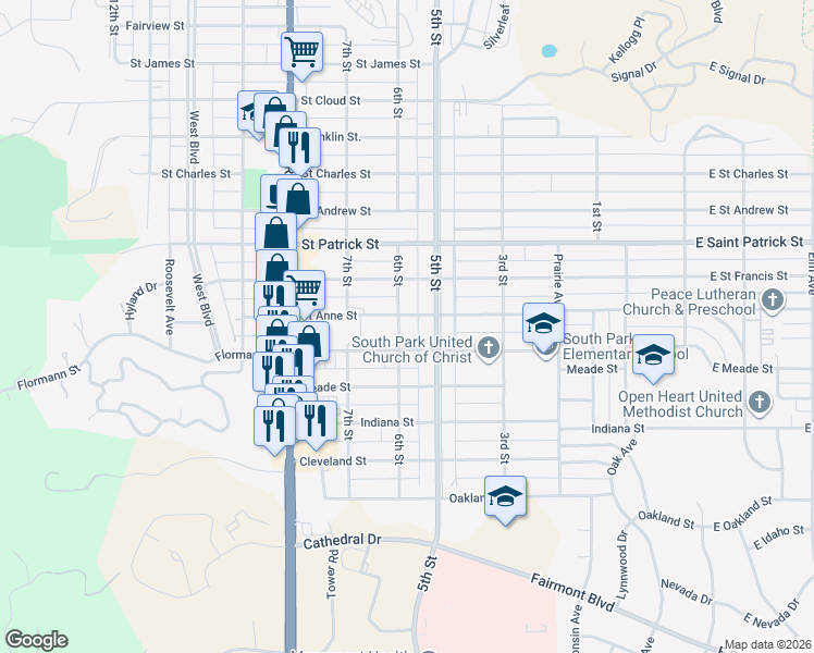 map of restaurants, bars, coffee shops, grocery stores, and more near 2108 6th Street in Rapid City