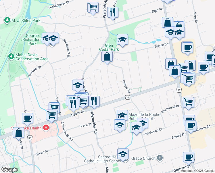map of restaurants, bars, coffee shops, grocery stores, and more near 39 Lowe Boulevard in Newmarket