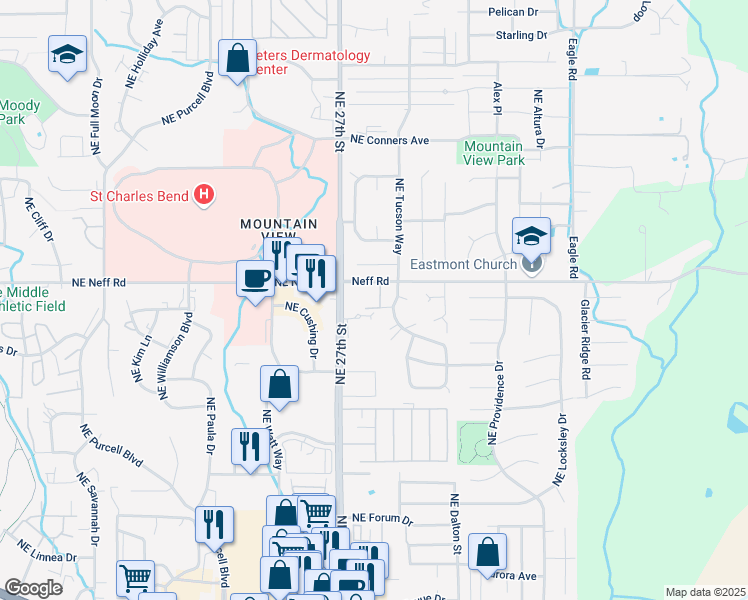 map of restaurants, bars, coffee shops, grocery stores, and more near 1550 Northeast 27th Street in Bend