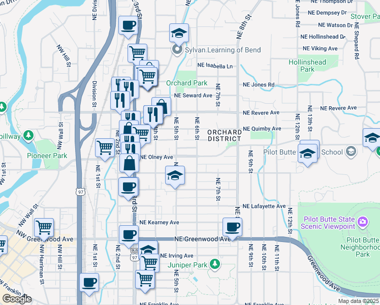 map of restaurants, bars, coffee shops, grocery stores, and more near 1529 Northeast 6th Street in Bend