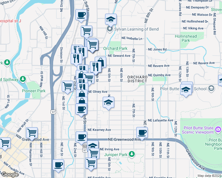 map of restaurants, bars, coffee shops, grocery stores, and more near 1521 Northeast 5th Street in Bend