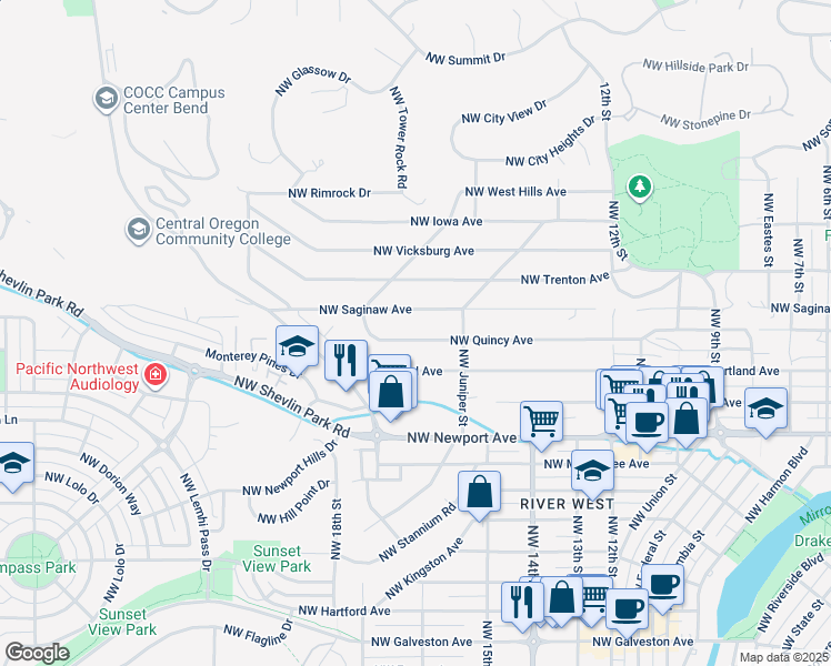 map of restaurants, bars, coffee shops, grocery stores, and more near 1591 Northwest Saginaw Avenue in Bend