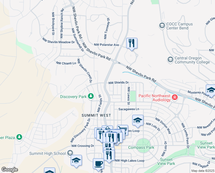 map of restaurants, bars, coffee shops, grocery stores, and more near 2679 Northwest Shields Drive in Bend