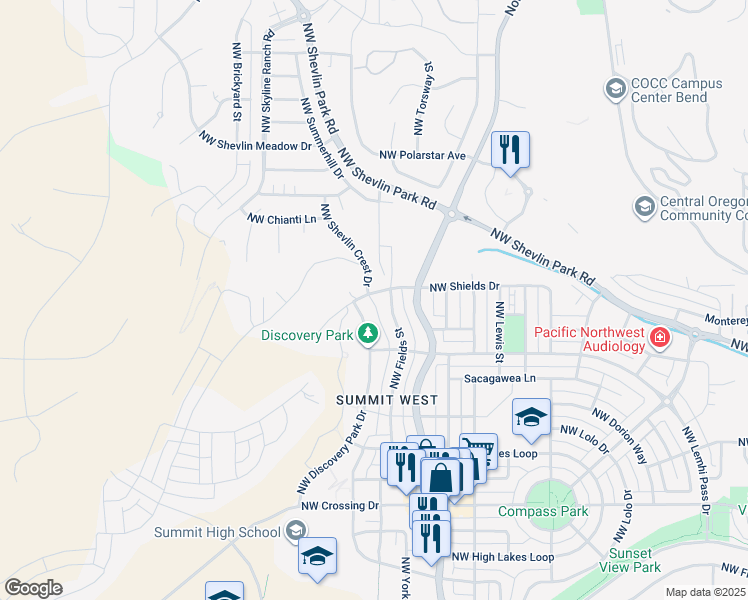 map of restaurants, bars, coffee shops, grocery stores, and more near 1908 Northwest Shevlin Crest Drive in Bend