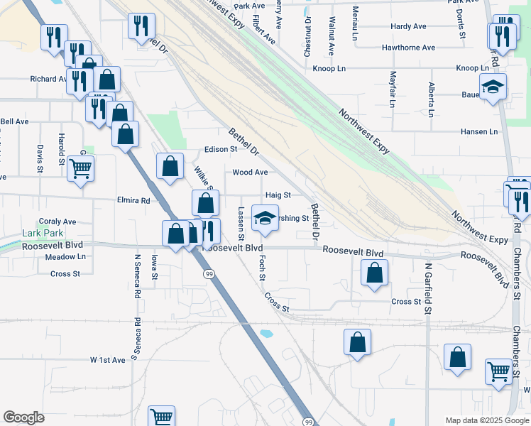 map of restaurants, bars, coffee shops, grocery stores, and more near 2460 Haig Street in Eugene