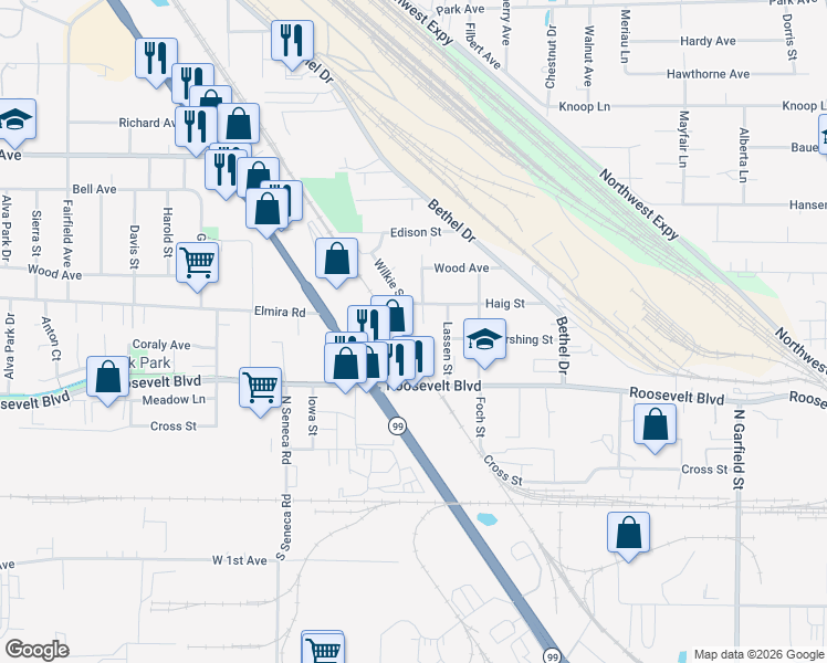 map of restaurants, bars, coffee shops, grocery stores, and more near 330 Goodyear Street in Eugene