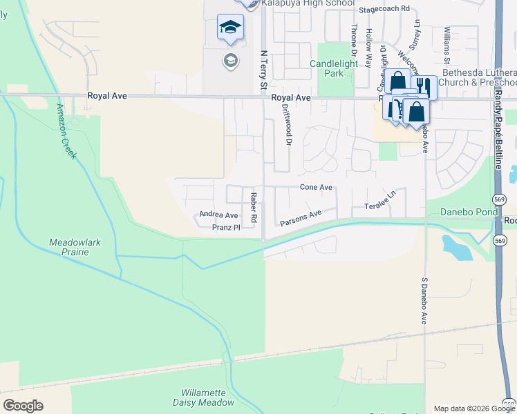 map of restaurants, bars, coffee shops, grocery stores, and more near 595 Raber Road in Eugene