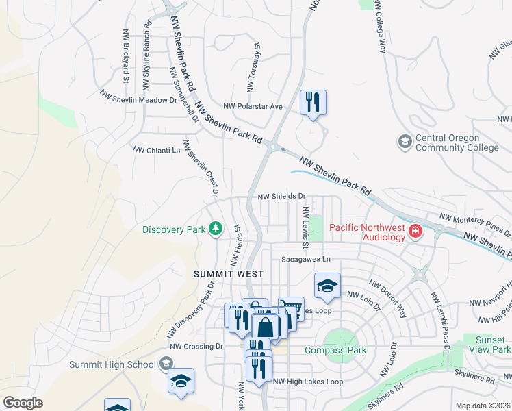 map of restaurants, bars, coffee shops, grocery stores, and more near 2679 Northwest Shields Drive in Bend