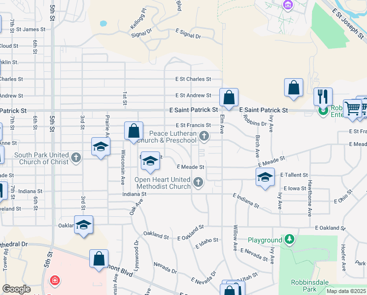 map of restaurants, bars, coffee shops, grocery stores, and more near 123 Grand Boulevard in Rapid City