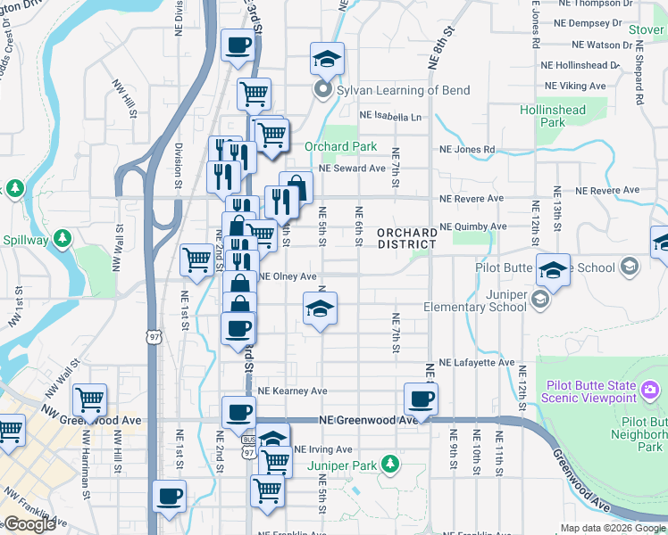 map of restaurants, bars, coffee shops, grocery stores, and more near 524 Northeast Olney Avenue in Bend