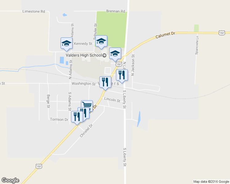 map of restaurants, bars, coffee shops, grocery stores, and more near 157 Mckinley Street in Valders