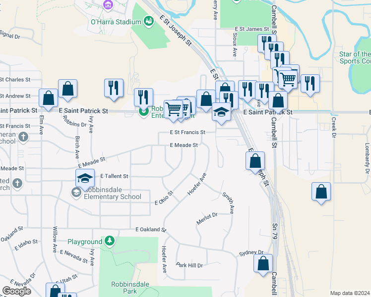 map of restaurants, bars, coffee shops, grocery stores, and more near 1021 East Meade Street in Rapid City